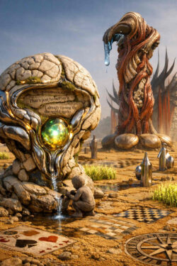 Ein steinernes Gebilde mit einem leuchtenden Kern gibt Wasser ab, das von einer kleinen Figur gesammelt wird. In den Stein sind Textfragmente eingelassen, die auf individuelle Weltsicht verweisen. Im Hintergrund ragt eine organisch-technische Säule empor. Die Landschaft wirkt symbolisch, ruhig und philosophisch aufgeladen.