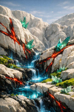 Ein Wasserlauf fließt durch helle Felsen, aus denen menschliche Figuren herausgearbeitet sind. Leuchtende Kristalle und glühende Risse durchziehen das Gestein. Wasserfälle verbinden die Ebenen der Landschaft. Die Szene wirkt mythisch, ruhig und zeitlos.