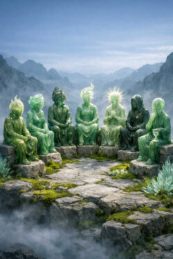 Mehrere grüne, jadeartige Figuren sitzen im Kreis auf steinernen Sitzen. Jede Gestalt hat eine eigene Haltung und Ausstrahlung. Nebel umgibt die Szene, während Berge im Hintergrund verschwimmen. Die Anordnung erinnert an eine philosophische oder spirituelle Versammlung.