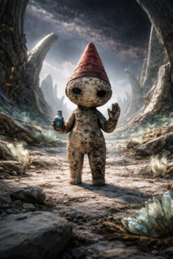 Eine kleine steinerne Figur mit roter Zipfelmütze steht in einer kargen Felslandschaft. In einer Hand hält sie ein kleines Fläschchen, die andere ist zum Gruß erhoben. Kristallartige Gebilde wachsen aus dem Boden ringsum. Der Himmel wirkt weit und fremdartig. Das Bild vermittelt Einsamkeit, Neugier und leise Hoffnung.