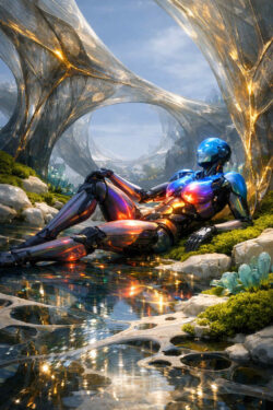 Ein humanoider Roboter liegt entspannt am Rand eines klaren Gewässers in einer fremdartigen Landschaft. Um ihn herum wachsen kristalline Formationen und organische Bögen aus lichtdurchlässigem Material. Die Farben changieren zwischen Metallglanz und warmem Leuchten. Technik wirkt hier nicht kalt, sondern kontemplativ. Das Bild vermittelt Gelassenheit und Zukunftsharmonie.