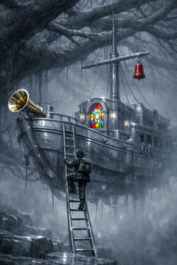 Ein Mann steigt über eine Leiter zu einem schwebenden Schiff hinauf. Riesige Baumwurzeln umschlingen den Raum und hängen aus dem Nebel. Ein buntes Kirchenfenster leuchtet an der Seite des Schiffes. Glocke und Horn verstärken den märchenhaften Charakter. Die Szene wirkt geheimnisvoll und suchend.
