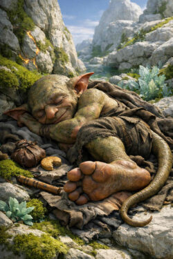 Ein kleiner, goblinartiger Wesen schläft zusammengerollt auf einem Tuch in einer felsigen Schlucht. Seine Haut wirkt erdig und moosig. Neben ihm liegen einfache Gegenstände wie Brot und ein Beutel. Die Umgebung strahlt Ruhe, Schutz und märchenhafte Intimität aus.