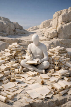 Eine vollständig weiß gekleidete, gesichtslose Figur sitzt schreibend inmitten unzähliger Papierstapel. Sanduhren stehen zwischen den Dokumenten und symbolisieren verrinnende Zeit. Die Umgebung besteht aus hellen Felsen und leerem Himmel. Die Haltung der Figur ist ruhig und konzentriert. Das Bild vermittelt endloses Denken und Einsamkeit.