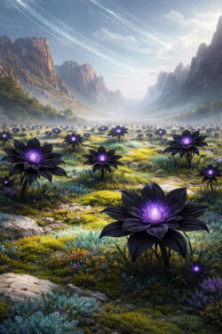 Eine weite Landschaft ist von dunklen, blütenartigen Pflanzen mit violett leuchtenden Zentren bedeckt. Zwischen Moos, Steinen und niedriger Vegetation erstreckt sich ein endloses Feld. Über den Bergen ziehen helle Lichtspuren durch den Himmel. Die Szene wirkt ruhig, fremdartig und von sanfter kosmischer Energie durchzogen.