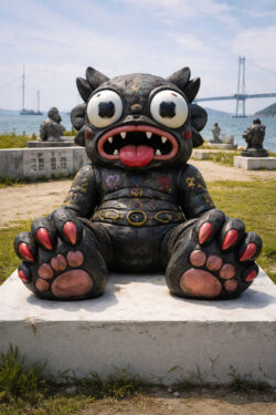 Schwarze Kreatur mit offenen Augen Alt-Text: Eine gedrungene, monsterhafte Figur sitzt frontal auf einem Sockel. Ihre Augen sind weit aufgerissen, der Mund geöffnet, Zunge und Zähne sichtbar. Bunte Symbole bedecken den dunklen Körper. Im Hintergrund erstrecken sich Wasser, Brücke und weitere Statuen.