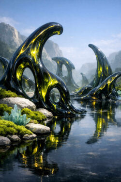 Glänzende, organisch geformte Strukturen ragen wie erstarrte Wellen aus einem ruhigen Gewässer. Gelbgrüne Lichtadern durchziehen die dunkle Oberfläche. Berge und Nebel bilden eine sanfte Kulisse. Die Szene wirkt fremdartig, ruhig und zugleich lebendig.