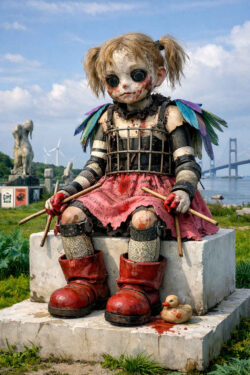Eine große Puppenfigur sitzt auf einem Sockel. Ihr Kleid ist beschriftet und verschmutzt, Hände und Beine zeigen rote Flecken. Neben ihr liegt eine kleine Gummiente. Im Hintergrund sind Skulpturen, Windräder und eine Brücke zu sehen. Die Stimmung ist verstörend und melancholisch.