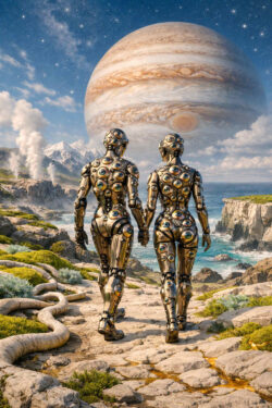 Spaziergang unter einem fremden Planeten Alt-Text: Zwei humanoide Roboter gehen Hand in Hand entlang einer felsigen Küste. Über ihnen dominiert ein riesiger Planet den Himmel und verleiht der Szene kosmische Dimension. Meer, Felsen und Vegetation wirken friedlich und zeitlos. Das Bild erzählt von Nähe, Partnerschaft und Fremdheit in einer außerirdischen Welt.