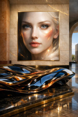 Ein monumentales Porträt einer makellosen Frau hängt in einem eleganten, modernen Innenraum. Davor liegt eine glänzende, abstrakte Skulptur aus dunklem Metall auf poliertem Steinboden. Goldene Lichtreflexe verbinden Bild und Objekt miteinander. Die Szene thematisiert Schönheit, Repräsentation und künstliche Perfektion.