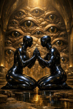 Zwei schwarze, glänzende Figuren knien sich gegenüber und berühren sich spiegelbildlich mit gefalteten Händen. Hinter ihnen erhebt sich eine Wand aus vielen Augen. Goldene Lichtreflexe verleihen der Szene sakrale Tiefe. Identität, Selbstbeobachtung und kollektives Bewusstsein verschmelzen zu einem Ritual.