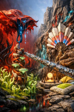 Eine rituelle Szene zeigt eine rote, organische Formation, aus der blaue Flüssigkeit fließt. Eine metallische Röhre verbindet das Gebilde mit einem steinernen Heiligtum. Mönchsähnliche Figuren stehen um eine leuchtende Kugel. Farben und Formen erzeugen eine spannungsvolle, sakrale Atmosphäre.