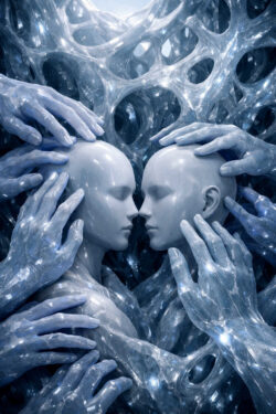 Zwei identische, humanoide Köpfe stehen sich Stirn an Stirn gegenüber. Durchscheinende Hände berühren die Gesichter und Schultern in symmetrischer Anordnung. Der Hintergrund besteht aus einer organisch-netzartigen Struktur. Die Farbwelt ist kühl, silbrig und ruhig. Das Bild vermittelt Nähe, Verbundenheit und ein gemeinsames Bewusstsein.