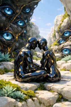 Zwei glänzende, schwarze humanoide Figuren (Mann und Frau) sitzen sich eng gegenüber auf steinigem Boden. Ihre Körper spiegeln Licht, Pflanzen und Himmel wie poliertes Metall. In den Felswänden um sie herum öffnen sich leuchtende Augenstrukturen. Das Bild vermittelt Intimität, Selbstbegegnung und beobachtete Stille.