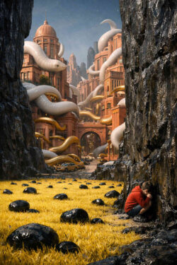 Eine monumentale Stadt aus rötlichem Stein wird von riesigen, Würmern durchzogen. Im Vordergrund kauert ein Kind an einen Baumstamm gelehnt, in sich zurückgezogen. Der Boden ist mit gelbem Gras und dunklen Steinen bedeckt. Die Szene verbindet urbane Überwältigung mit stiller menschlicher Verletzlichkeit.