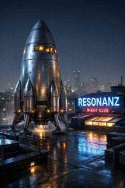Eine retrofuturistische Rakete steht startbereit auf einem nächtlichen Hochhausdach. Nasses Metall reflektiert die Lichter der Stadt und verstärkt die kühle Atmosphäre. Daneben leuchtet ein Neon-Schriftzug eines Nachtclubs und setzt einen ironischen Kontrast zur Raumfahrtästhetik. Die Szene wirkt wie ein stiller Moment vor einem Aufbruch ins Unbekannte.