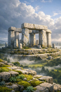 Monumentale Steinblöcke stehen kreisförmig auf einer Anhöhe. Stufen führen hinauf zu den aufgerichteten Steinen. Nebel liegt über der Landschaft, während Sonnenlicht durch die Wolken bricht. Moos und Gras bedecken die Felsen. Das Bild vermittelt Zeitlosigkeit, Ritual und kollektives Gedächtnis.