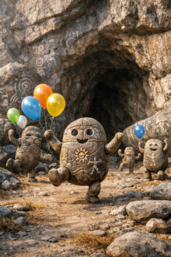 Kleine steinerne Figuren mit eingeritzten Symbolen laufen fröhlich aus einer Höhle heraus. Einige halten bunte Luftballons, andere heben die Arme wie beim Tanzen. Der Untergrund ist felsig und trocken, die Höhlenwand mit Zeichen bedeckt. Trotz des Materials wirken die Wesen lebendig und verspielt. Das Bild verbindet archaische Motive mit kindlicher Leichtigkeit.