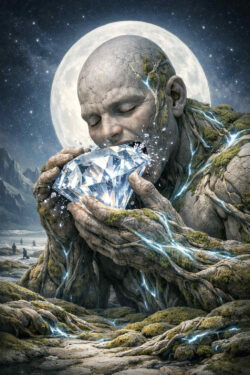 Eine gigantische, aus Wurzeln, Moos und Stein geformte Gestalt hält einen leuchtenden Diamanten vor den Mund. Elektrische Adern durchziehen den Körper und verbinden ihn mit der Landschaft. Der Vollmond steht direkt hinter dem Kopf wie eine Aura. Natur, Energie und Bewusstsein erscheinen als ein einziges Wesen.