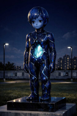 Eine kindlich proportionierte humanoide Figur steht auf einem Podest unter nächtlichem Himmel. Der Körper scheint aus kosmischem Gestein zu bestehen, durchzogen von leuchtenden Rissen und einem hellen Kern im Brustbereich. Stadtlichter im Hintergrund verstärken den Kontrast zwischen Alltäglichkeit und kosmischer Fremdheit. Die Figur wirkt verletzlich und zugleich übermenschlich.