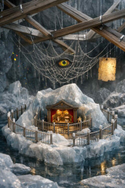 Eine kleine Bühne mit roten Vorhängen steht auf einer Eisinsel in dunklem Wasser. Über der Szene hängt ein Netz mit einem großen, wachsamen Auge. Holzträger und Seile bilden ein fragiles Dach. Um die Bühne herum verläuft ein niedriger Zaun. Das Bild wirkt wie ein verborgenes Schauspiel unter ständiger Beobachtung.