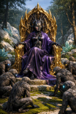 Eine dunkle, königliche Gestalt sitzt auf einem prunkvollen goldenen Thron im Wald. Um sie knien kleine, affenartige Wesen mit leuchtenden Augen in ehrfürchtiger Haltung. Rüstung, Gewand und Thron wirken organisch und fremdartig zugleich. Das Bild vermittelt Macht, Kontrolle und eine unheimliche, archaische Ordnung.