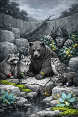 Mehrere Tiere sitzen um eine ausgebreitete Karte an einem schmalen Bach. Jedes Tier trägt ein farbiges Symbolband, das wie eine Rollenmarkierung wirkt. Hinter ihnen schaut ein Mensch mit aufgerissenen Augen aus dem Gebüsch. Die Szene erinnert an eine absurde Strategiebesprechung. Machtverhältnisse wirken hier umgekehrt und ironisch.