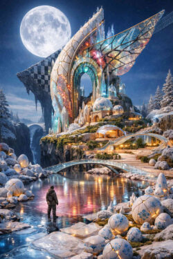 Eine fantastische Architektur erhebt sich über einem spiegelnden Fluss in winterlicher Landschaft. Bunte Lichtadern durchziehen ein monumentales Tor, während ein großer Mond den Nachthimmel beherrscht. Eine einzelne Person steht im Vordergrund und blickt auf das Bauwerk. Die Szene verbindet Einsamkeit, Staunen und märchenhafte Zukunft.