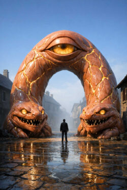 Ein gigantischer, wurmförmiger Torbogen mit zwei Köpfen und Mäulern und fünf goldenen Augen, versperrt eine enge Straße. Die Struktur wirkt lebendig und bedrohlich zugleich. Ein einzelner Mensch steht klein und frontal davor. Nasses Kopfsteinpflaster reflektiert das Licht und verstärkt die dramatische Spannung.