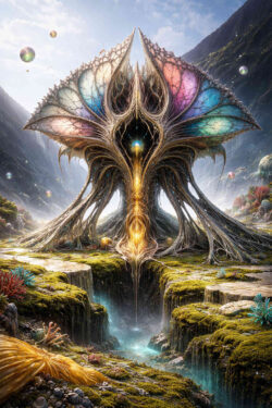 Eine monumentale, organisch gewachsene Struktur öffnet sich wie ein lebendiges Portal. Flügelartige Formen schillern in Blau, Grün, Rosa und Gold. Aus dem Zentrum fließt leuchtende Energie in eine schmale Schlucht. Die Szene wirkt wie ein Übergang zwischen Welten oder Bewusstseinszuständen.