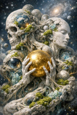 Zwei verschmolzene Figuren aus Stein und organischem Material halten eine goldene Kugel. Schädel, Gesicht und Hände gehen ineinander über. Planeten und Sterne füllen den Hintergrund. Das Bild wirkt monumental, ruhig und kosmisch aufgeladen.