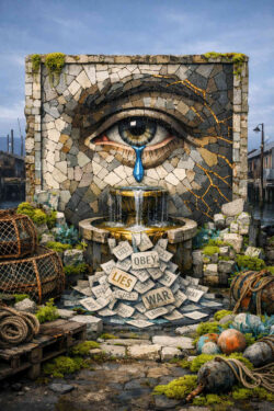 Ein steinernes Mosaikauge weint eine blaue Träne in ein Becken. Vor dem Brunnen liegen Schilder mit Worten wie Lügen, Krieg und Gehorsam. Die Umgebung wirkt verlassen und feucht, mit Moos und alten Netzen. Wasser fließt stetig über die Inschriften. Das Bild kritisiert Manipulation und kollektive Täuschung.