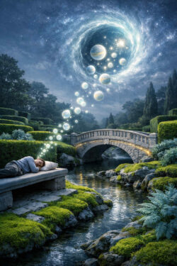 Ein Mensch schläft auf einer steinernen Bank neben einem ruhigen Bach in einem gepflegten Park. Über einer Brücke öffnet sich ein kosmischer Wirbel, aus dem leuchtende Kugeln herabsteigen. Wasser und Himmel verbinden sich zu einer Traumlandschaft. Die Szene ist friedlich und fantastisch. Schlaf erscheint als Übergang in andere Wirklichkeiten.