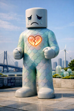 Eine große, stilisierte Figur steht in einer modernen Stadtlandschaft. Tränen laufen über ihr Gesicht, während in der Brust ein leuchtendes, gebrochenes Herz sichtbar ist. Die Oberfläche der Figur ist schuppenartig gestaltet. Im Hintergrund sind Brücke, Windräder und Hochhäuser zu sehen. Das Bild verbindet Verletzlichkeit mit monumentaler Präsenz.