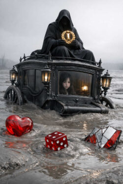 Eine dunkle, verhüllte Gestalt sitzt erhöht auf einer schwarzen Kutsche, die halb im Schlamm versunken ist. In den Händen hält sie ein goldenes Emblem mit der römischen Eins. Im Inneren der Kutsche blickt ein junges Mädchen ernst aus dem Fenster. Im Vordergrund treiben ein rotes Herz aus Glas, ein Würfel und zerbrochene Spiegelteile im Schlamm. Die Szene verbindet Macht, Zufall und moralischen Verlust.