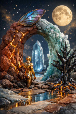 Eine goldene humanoide Figur steht zwischen zwei gegensätzlichen Landschaften aus Feuerstein und Eis. Ein leuchtender Kristall erhebt sich im Zentrum. Der Vollmond wacht über der Szene. Transformation und Balance zwischen Elementen werden bildlich dargestellt.