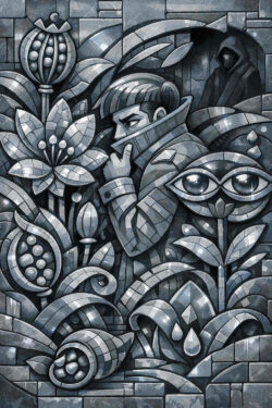 Eine mosaikartige Darstellung zeigt eine Person, die sich zwischen Pflanzenmustern versteckt. Ein großes Auge blickt wachsam aus dem Bild hervor. Der Stil ist streng geometrisch und ornamental. Alles ist in Grautönen gehalten. Das Werk thematisiert Beobachtung, Tarnung und innere Spannung.