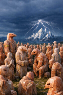 Zahlreiche steinerne Figuren mit vogelartigen Köpfen stehen dicht gedrängt in einer Landschaft. Im Hintergrund erhebt sich ein schroffer Berg, der von Blitzen getroffen wird. Die Figuren scheinen miteinander zu sprechen oder zu warten. Die Szene erzeugt eine apokalyptische, rituelle Stimmung.