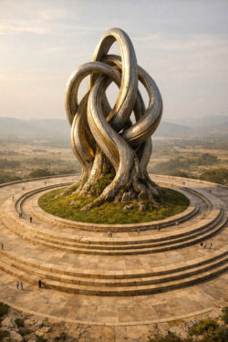 Eine massive, verschlungene Skulptur aus steinähnlichem Material erhebt sich auf einer kreisförmigen Plattform. Stufen führen konzentrisch um das Zentrum herum. Die Landschaft öffnet sich weit bis zum Horizont. Die Szene wirkt wie ein archaisches Denkmal für Zeit, Verbindung und Beständigkeit.