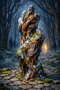 Eine humanoide Figur aus Holz, Stein und Kristallen steht auf einem moosigen Waldweg. Ihr Körper scheint mit der Natur verwachsen zu sein, als sei sie aus dem Wald selbst entstanden. Im Hintergrund verschwindet eine menschliche Silhouette im Nebel. Das Bild erzeugt eine mystische, melancholische Stimmung. Zeit, Natur und Bewusstsein scheinen miteinander zu verschmelzen.