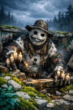 Eine groteske Gestalt mit angenähter Kleidung und maskenhaftem Gesicht lehnt aus einer gemauerten Grube. In ihren Händen brennen mehrere Kerzen, während Funken aus dem Stein sprühen. Der Hintergrund zeigt einen dunklen Wald unter Gewitterhimmel. Die Figur wirkt zugleich wie eine Vogelscheuche und ein Ritualwesen. Bedrohung und Ironie liegen dicht beieinander.