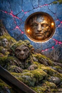 Ein kleines, wesenhaftes Geschöpf aus Holz, Moos und Rinde blickt aufmerksam aus einer felsigen Umgebung hervor. Im Hintergrund ist ein steinernes Gesicht in eine runde Öffnung eingelassen und von Kerzenlicht erhellt. Rote, leuchtende Risse durchziehen den Fels und erzeugen eine geheimnisvolle Spannung. Die Szene wirkt wie ein mythischer Ort zwischen Naturgeist und uralter Architektur.