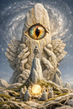 Eine monumentale Steinskulptur mit einem riesigen Auge erhebt sich vor einem sternendurchzogenen Himmel. Am Fuß des Monuments stehen verhüllte Gestalten um eine leuchtende Kugel. Ein Astronaut steht erhöht und blickt dem Auge entgegen. Die Komposition vereint Mythos, Raumfahrt und kultische Symbolik.