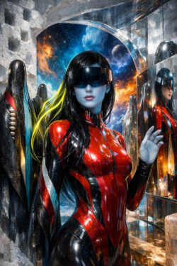 Eine futuristische Frau in glänzendem rot-schwarzem Anzug steht in einer kristallinen Architektur. Eine dunkle Visierbrille verdeckt ihre Augen. Spiegelungen vervielfachen ihre Gestalt im Raum. Kosmische Farben im Hintergrund verleihen der Szene eine außerirdische Atmosphäre.