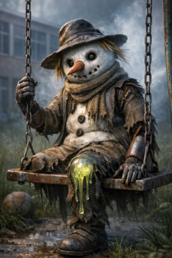 Eine verwitterte Schneemannfigur sitzt auf einer rostigen Schaukel. Aus einem Bein tropft eine grünlich leuchtende Flüssigkeit. Die Kleidung ist zerrissen, der Hut schief, die Augen dunkel und glasig. Nebel und ein verlassener Spielplatz bilden den Hintergrund. Die Szene wirkt melancholisch, still und leicht bedrohlich.