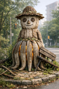 Eine aus Holzplanken gefertigte Figur mit freundlichem Gesicht sitzt neben einer Parkbank. Aus dem Inneren ihres runden Körpers dringt warmes, gelbliches Licht nach außen. Blätter, Rinde und Moos verbinden die Figur mit der umgebenden Natur. Die städtische Umgebung im Hintergrund steht im stillen Kontrast zur märchenhaften Erscheinung.