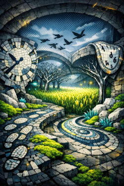 Eine mosaikartige Landschaft zeigt zwei zerbrochene Uhren, deren Ziffern verlaufen. Fußspuren führen auf verschlungenen Wegen durch Gras und Stein. Bäume stehen teils kahl, teils lebendig. Vögel fliegen durch einen steinernen Bogen in den Himmel. Das Bild symbolisiert Entscheidungen, Zeit und alternative Lebenswege.