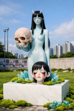 Eine blauhäutige, horntragende Frauenfigur hält einen beschrifteten Schädel in den Händen. Vor ihr liegt ein abgetrennter Kopf mit geschlossenen Augen auf einem Sockel aus hellem Stein. Kristalle und gepflegte Grünflächen kontrastieren mit dem rituellen und verstörenden Motiv. Die Szene wirkt wie eine stille Opferhandlung zwischen Kunst, Mythos und moderner Skulptur.