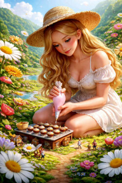 Eine junge Frau kniet in einer blühenden Wiesenlandschaft und verziert mit einer Spritztüte kleine Cupcakes. Die Küchenszene ist in eine Miniaturwelt eingebettet, in der winzige Menschen zwischen Blumen und Häuschen leben. Alles wirkt märchenhaft, warm und übergroß im Verhältnis zur Umgebung. Die Komposition spielt mit Maßstab, Idylle und Fantasie.