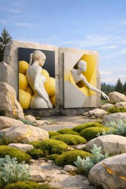 Zwei großformatige Kunsttafeln sind in eine Steinwand eingelassen. Links ist eine weiße Figur mit gelben Kugeln im Rücken dargestellt, rechts eine ähnliche Figur, die aus einer geometrischen Öffnung herausragt. Der Weg davor ist von Steinen und niedrigem Grün gesäumt. Die Szene wirkt ruhig und konzeptuell.